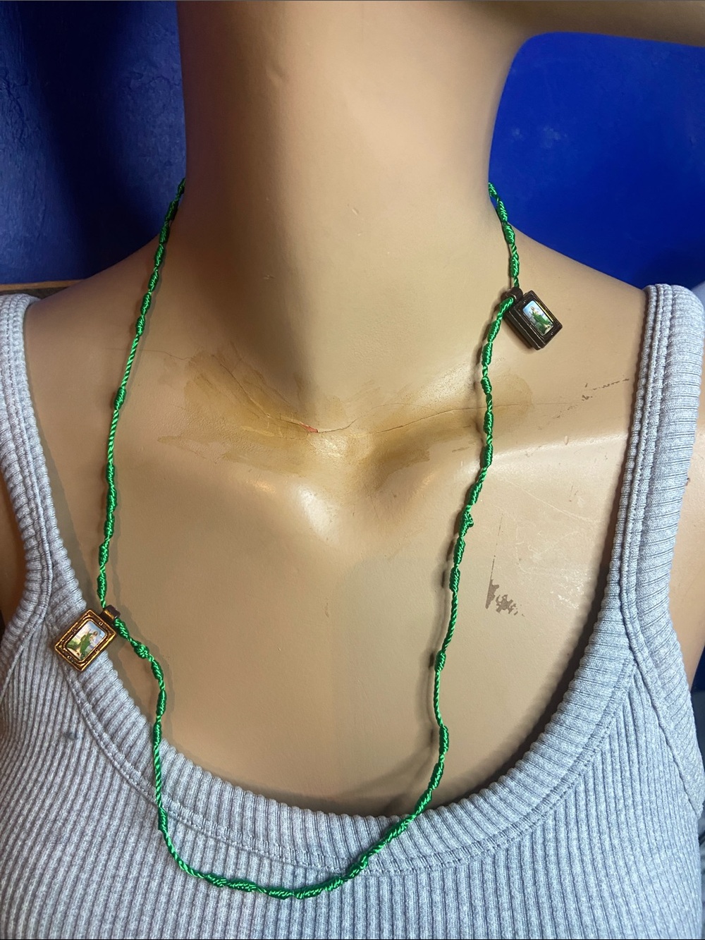 Green Beaded Long Necklace with Square Crystal Accents